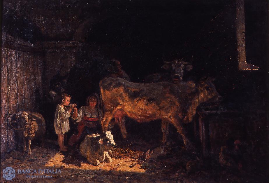 Interno di stalla con mucche e contadini